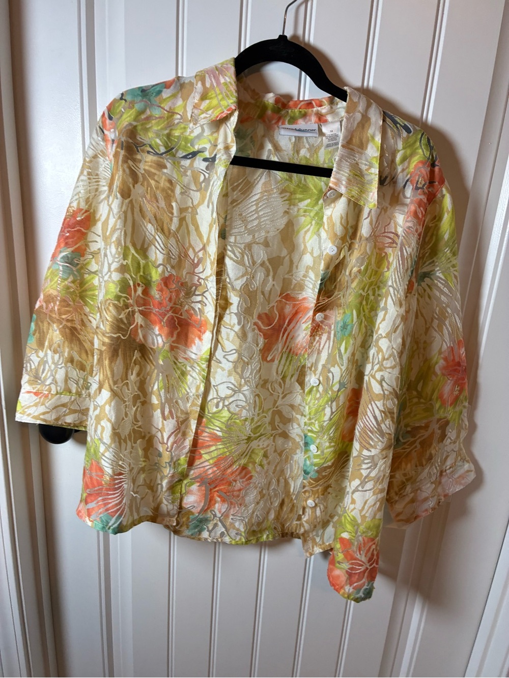 Alfred Dunner Cream Sheer Floral Button-Front Blouse with Coral & Lime